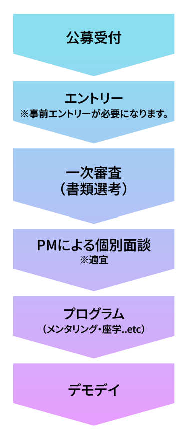 公募受付→エントリー※事前エントリーが必要になります。→一次審査(書類選考)→PMによる個別面談※適宜→プログラム(メンタリング・座学..etc→デモデイ
